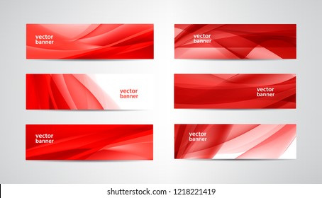 Vector set of wavy banners, red web headers. Silk vibrant abstract background, horizontal orientation. 