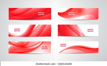 Vector set of wavy banners, red web headers. Silk vibrant abstract background, horizontal orientation. 
