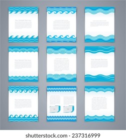 Vector set wavy layout brochures or poster, magazine cover, or corporate design template advertisment in blue colors