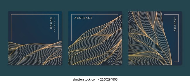 Vector set of wavy luxury line cards, golden dynamic square backgrounds, posts, design template. Art deco abstract patterns, texture for print, fabric, packaging design. Japanese style