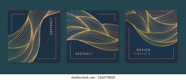 Vector set of wavy luxury line cards, golden dynamic square backgrounds, posts, design template. Art deco abstract patterns, texture for print, fabric, packaging design.