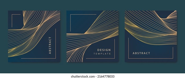 Vector set of wavy luxury line cards, golden dynamic square backgrounds, posts, design template. Art deco abstract patterns, texture for print, fabric, packaging design.
