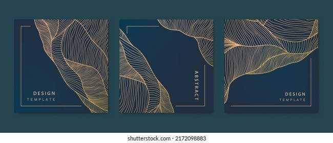 Vector set of wavy luxury line cards, golden dynamic square backgrounds, posts, design template. Art deco abstract patterns, texture for print, fabric, packaging design.