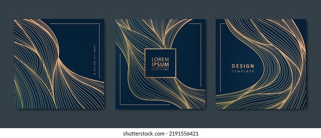 Vector set of wavy luxury line cards, golden dynamic square backgrounds, posts, design template. Art deco abstract patterns, texture for print, fabric, packaging design.