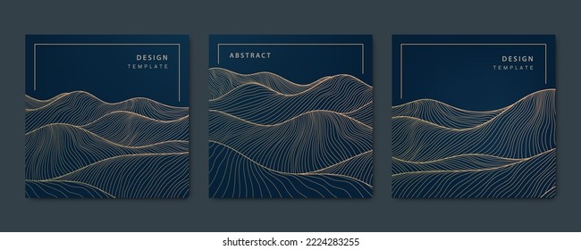 Conjunto de vectores de tarjetas de línea de lujo onduladas, fondos cuadrados dinámicos dorados, entradas, plantilla de diseño. Patrones abstractos de arte deco, textura para impresión, tela, diseño de embalaje. Estilo japonés