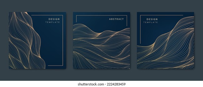 Vector set of wavy luxury line cards, golden dynamic square backgrounds, posts, design template. Art deco abstract patterns, texture for print, fabric, packaging design. Japanese style