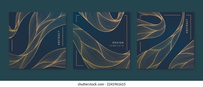 Conjunto de vectores de tarjetas de línea de lujo onduladas, fondos cuadrados dinámicos dorados, entradas, plantilla de diseño. Océano, arroyo. Patrones abstractos de arte deco, textura para impresión, tela, diseño de embalaje. Estilo japonés