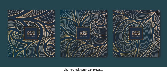 Vector set of wavy luxury line cards, swirls, leaves golden dynamic square backgrounds, posts, design template. Art deco abstract patterns, texture for print, fabric, packaging design. Japanese style