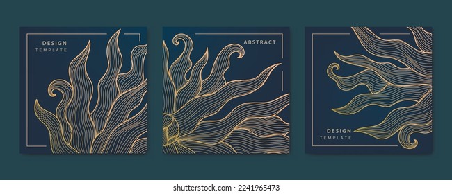 Vector set of wavy luxury line cards, sun rays golden dynamic square backgrounds, posts, design template. Art deco abstract patterns, texture for print, fabric, packaging design. Japanese style