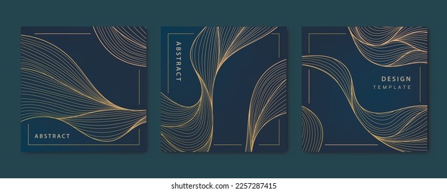 Vector set of wavy luxury line cards, golden dynamic square backgrounds, posts, design template. Ocean, stream. Art deco abstract patterns, texture for print, fabric, packaging design. Japanese style