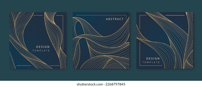Conjunto de vectores de tarjetas de línea de lujo onduladas, fondos cuadrados dinámicos dorados, entradas, plantilla de diseño. Océano, arroyo. Patrones abstractos de arte deco, textura para impresión, tela, diseño de embalaje. Estilo japonés
