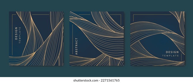 Vector set of wavy luxury line cards, golden dynamic square backgrounds, posts, design template. Ocean, stream. Art deco abstract patterns, texture for print, fabric, packaging design. Japanese style