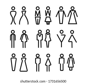 Vector set of WC icons isolated on a white background. Washroom icon. Restroom sign. Gender icon. Male and female sign collection. Gender symbols. Man and woman icon