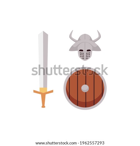 Vector set of weapons for a roman or greek soldier. Historical ancient sword, shield and helmet for legionnaire, gladiator or warrior participating in fights or performing in arena