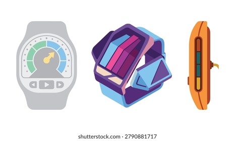 Vector set of wearable technology devices including smartwatch with health tracking dashboard and colorful geometric UI elements for sports activity monitoring apps.