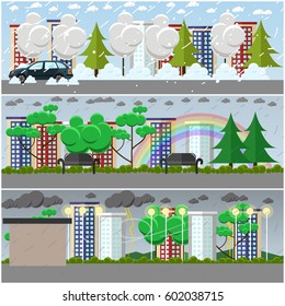 Vector set of weather concept posters, banners. Blizzard, rain and storm, cityscape, city park and street flat style design elements.