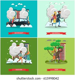 Vector set of weather concept posters. Snowdrift, Snowfall, Sledge and Rain flat style design elements.