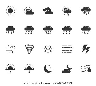 Conjunto vetorial de ícones planos meteorológicos. Contém ícones ensolarado, nublado, chuva, neve, tempestade de trovoadas, vento, granizo, tornado e muito mais. Pixel perfeito.
