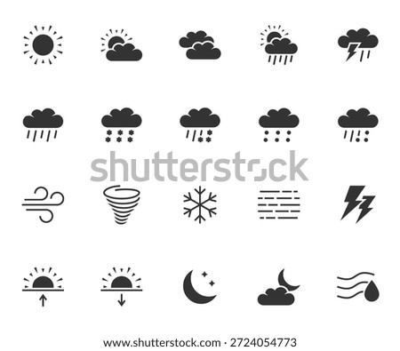 Vector set of weather flat icons. Contains icons sunny, cloudy, rain, snow, thunderstorm, wind, hail, tornado and more. Pixel perfect.
