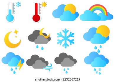 Conjunto de vectores de iconos de pronóstico del tiempo. Sol, termómetros, nubes, nubes