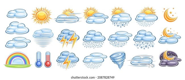 Vector set of Weather Icons, lot collection of various cut out illustrations of nature weather concepts, horizontal banner with variety isolated cartoon design meteorology icons on white background