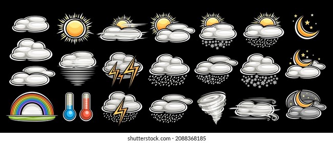 Vector set of Weather Icons, lot collection of various cut out illustrations of grey decorative weather icons, banner with group variety isolated cartoon design weather concepts on dark background