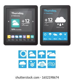 Vector set of weather icons in different style: square shaped and round. Weather widget on a screen of tablet and smartphone