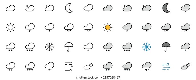 Vektorset von Wettersymbolen im Doodle-Stil einzeln auf weißem Hintergrund.