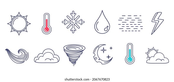 Vector set weather icons in flat style. Vector flat icons of weather symbols.