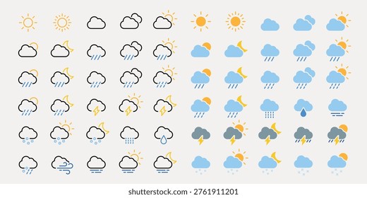 Vector set of weather icons including sun, clouds, rain, and lightning. Features various combinations and styles for diverse weather conditions.