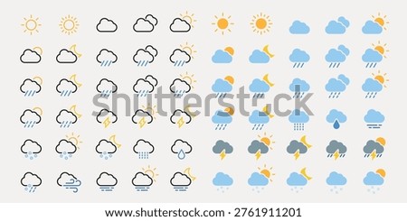 Vector set of weather icons including sun, clouds, rain, and lightning. Features various combinations and styles for diverse weather conditions.