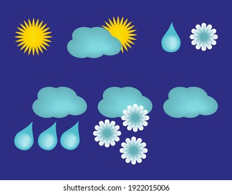 Vector set of weather icons isolated on blue background. Clouds, rain, snow and sun clipart. Design elements