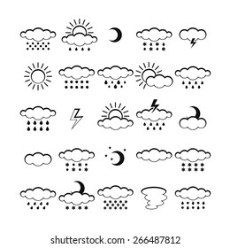 Vector set of weather icons isolated. Symbol design. Sun, moon, wind, cloud, rain, storm, snow, thunderstorm, star, lightning. Climate symbols. Meteorology illustration.