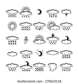 Vector set of weather icons isolated. Symbol design. Sun, moon, wind, cloud, rain, storm, snow, thunderstorm, star, lightning. Climate symbols. Meteorology illustration.