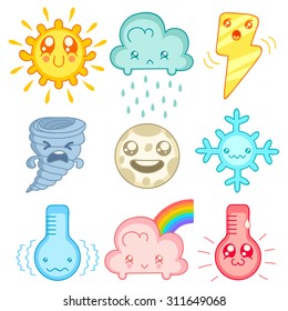 Vector set weather icons in mangs style. Kawaii