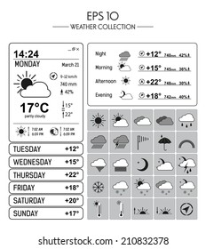 Vector set of weather icons on white background. Template illustration  of weather forecast widget for web and mobile design