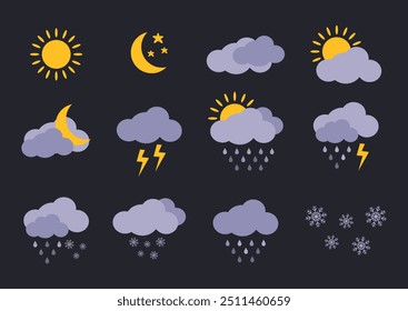 Conjunto vetorial de ícones meteorológicos sobre fundo escuro. Ilustração vetorial. Nuvens, sol, lua crescente, trovoada, dia e noite, neve e chuva para o projeto de previsão. Símbolos de inverno e verão, adesivo