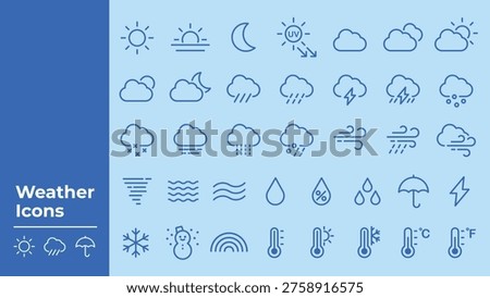 Vector set of weather icons on a blue background, featuring sun, clouds, rain, snow, wind, and temperature symbols in a minimalist line art style.