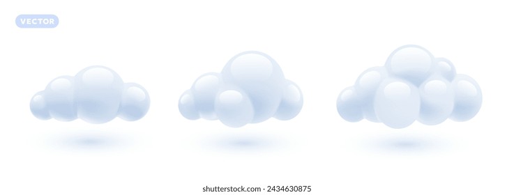 Conjunto de vectores de ilustración meteorológica de nube esponjosa brillante sobre fondo de color blanco con sombra. Diseño de estilo de dibujos animados 3d de diferentes nubes lindas para web, sitio, banner, póster