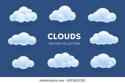 Vektorgrafik Set von Wetter Illustration des Glanzes Flauschige weiße Wolke auf blauem Farbhintergrund. 3D Cartoon Stil Design der Kollektion von verschiedenen niedlichen Wolke für Web, Website, Banner, Poster