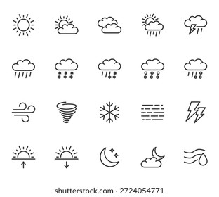 Vektorsatz von Wetterlinien-Symbolen. Enthält Symbole sonnig, wolkig, regen, Schnee, Gewitter, Wind, Hagel, Tornado und mehr. Pixel perfekt.