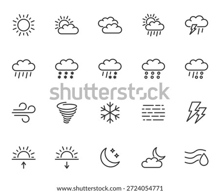 Vector set of weather line icons. Contains icons sunny, cloudy, rain, snow, thunderstorm, wind, hail, tornado and more. Pixel perfect.
