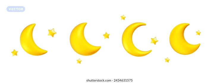 Vector set of weather night illustration of shine yellow color half moon with star on white background. 3d cartoon style design of different crescent moon with star for web, site, banner, poster