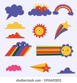 vector set of weather stickers. Kawaii vintage sticker icons - sun, cloud, rainbow, star.60s and 70s hippie style.Isolated children's pictures of natural phenomena with eyes.Summer psychedelic icons.