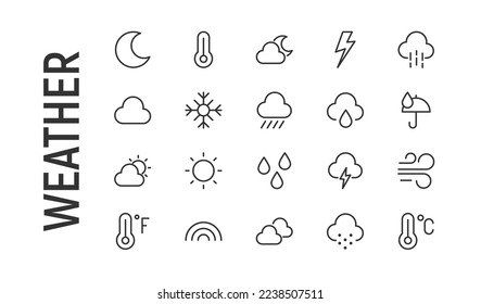 Vector set of weather thin line icons. Design of 20 stroke pictograms. Signs of weather isolated on a white background.
