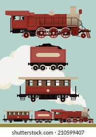 Vector set of weathered red steam locomotive with cars | Vintage train set | Railroad steam engine, coal car and passenger car