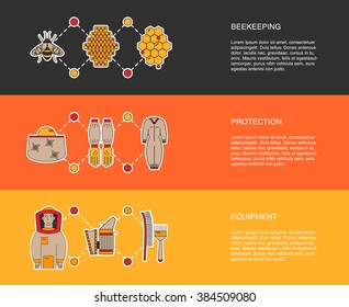 Vector set of web banner templates with honey related objects made in thin colorful style. Banner collection. Place your text.