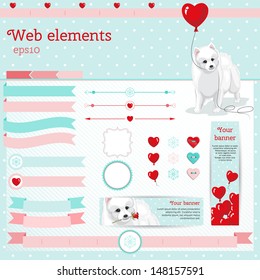 Vector set of web elements. White Spitz, balloons, hearts, roses, snowflakes and polka dot pattern. Header of the site, banners, navigation elements, dividers and buttons. 