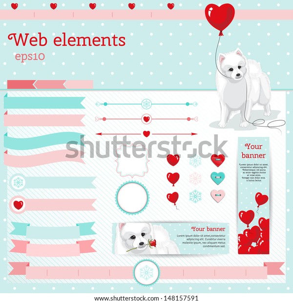 Vector set of\
web elements. White Spitz, balloons, hearts, roses, snowflakes and\
polka dot pattern. Header of the site, banners, navigation\
elements, dividers and buttons.\
