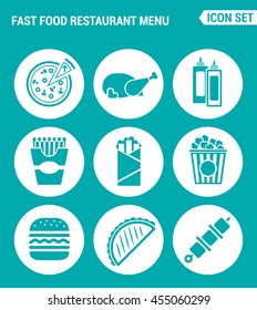 Vector set web icon. fast food restaurant menu, pizza, chicken, ketchup, mayonnaise, French fries, shawarma, popcorn, cheeseburger, hamburger, kebab. Design of signs, symbols on a turquoise background